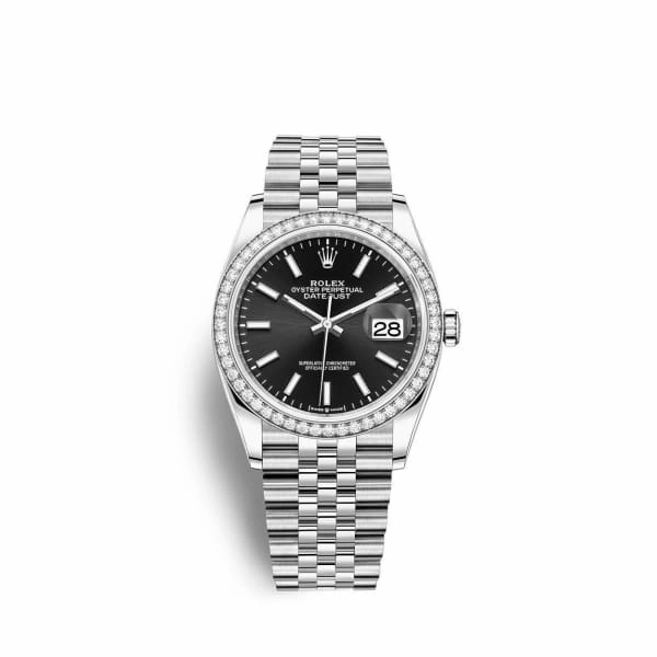 Rolex Datejust 36mm - Ref: 126284rbr-0007 - Black Stick Dial & Diamond Bezel, Stainless Steel Jubilee Bracelet Watch
