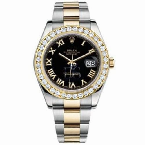 Rolex Datejust II 41mm - Ref: 116300BKRODB - Black Roman Dial & Custom Diamond Bezel Two Tone Stainless Steel & 18K Yellow Gold Oyster Bracelet Men's Watch