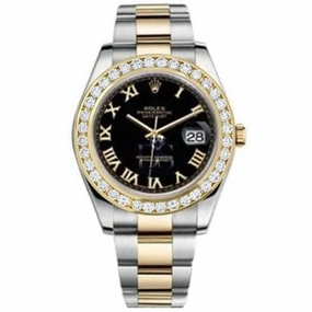 Rolex Datejust II 41mm - Ref: 116300BKRODB - Black Roman Dial & Custom Diamond Bezel Two Tone Stainless Steel & 18K Yellow Gold Oyster Bracelet Men's Watch