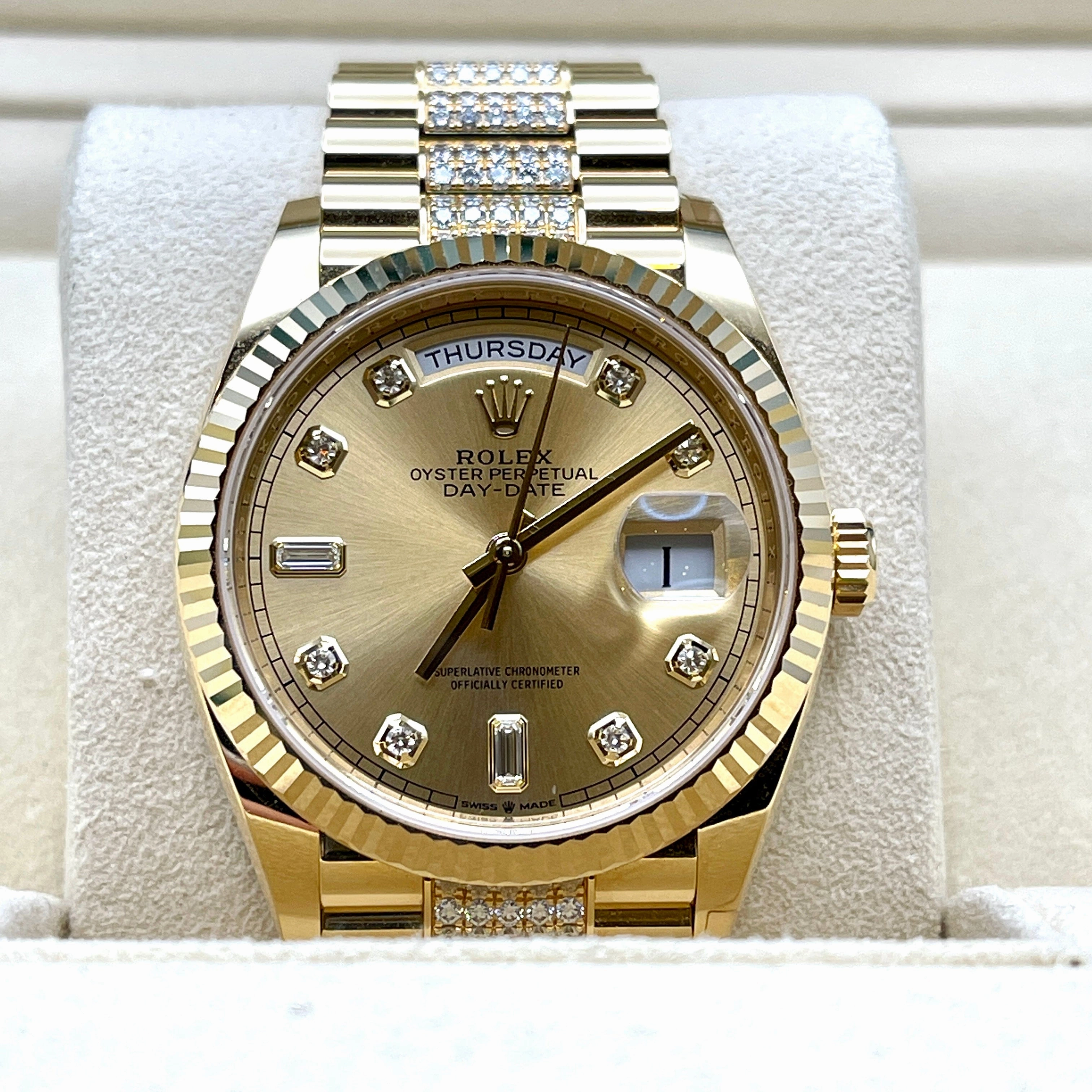 Rolex Day-Date 36 128238 Yellow Gold Champagne Diamond Dial