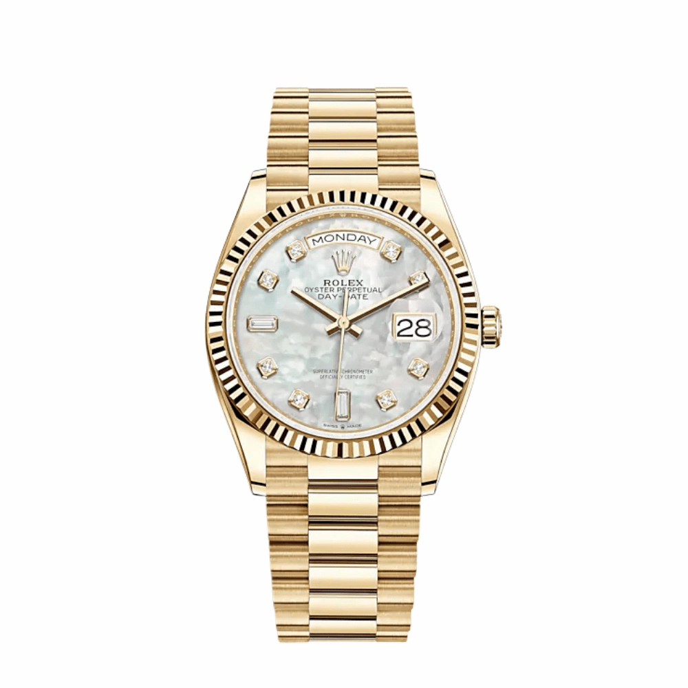 Rolex Day-Date 36 128238 Yellow Gold Mother of Pearl Diamond Dial