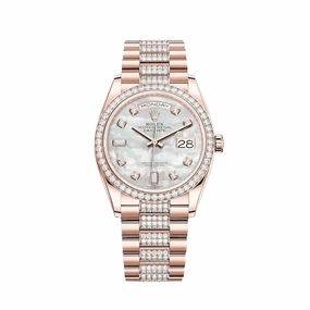 Rolex Day-Date 36 128345RBR Rose Gold Diamond Bezel Mother of Pearl Diamond Dial
