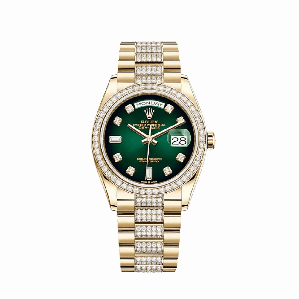 Rolex Day-Date 36 128348RBR Yellow Gold Diamond Bezel Green Diamond Dial
