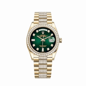 Rolex Day-Date 36 128348RBR Yellow Gold Diamond Bezel Green Diamond Dial