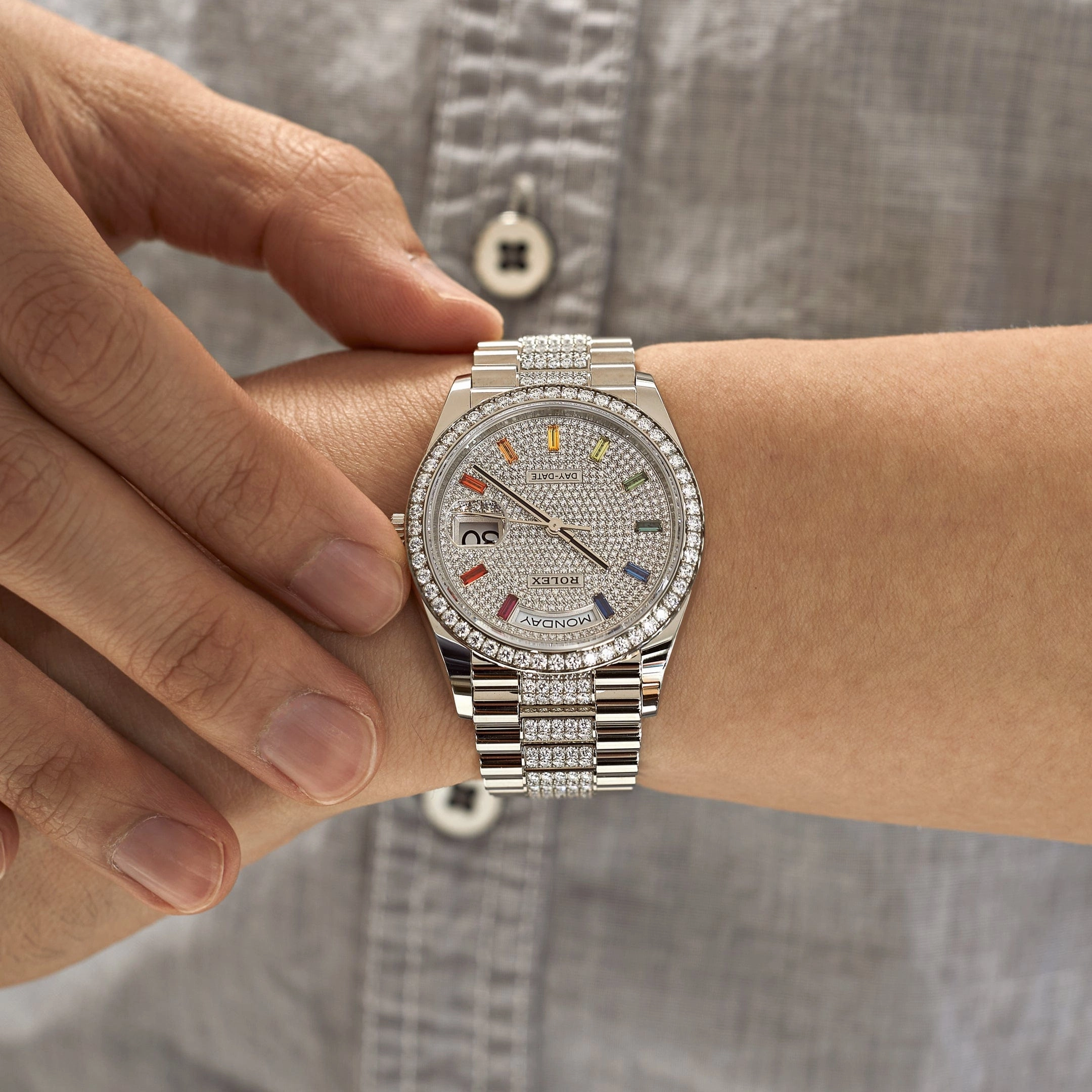 Rolex Day-Date 36 128349RBR White Gold Diamond Bezel Diamond-Paved Set