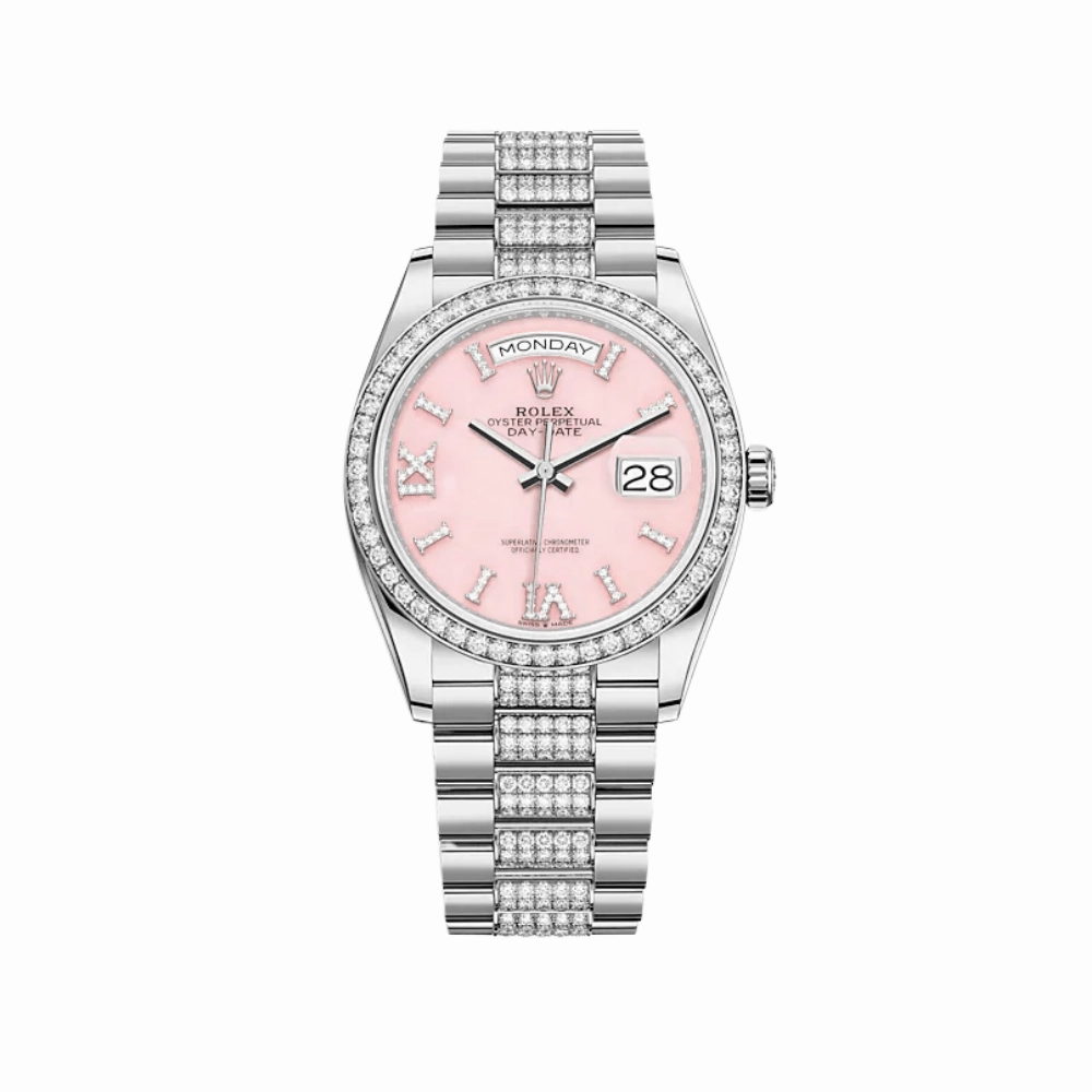 Rolex Day-Date 36 128349RBR White Gold Diamond Bezel Pink Diamond Dial