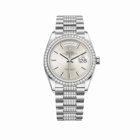Rolex Day-Date 36 128349RBR White Gold Diamond Bezel Silver Dial