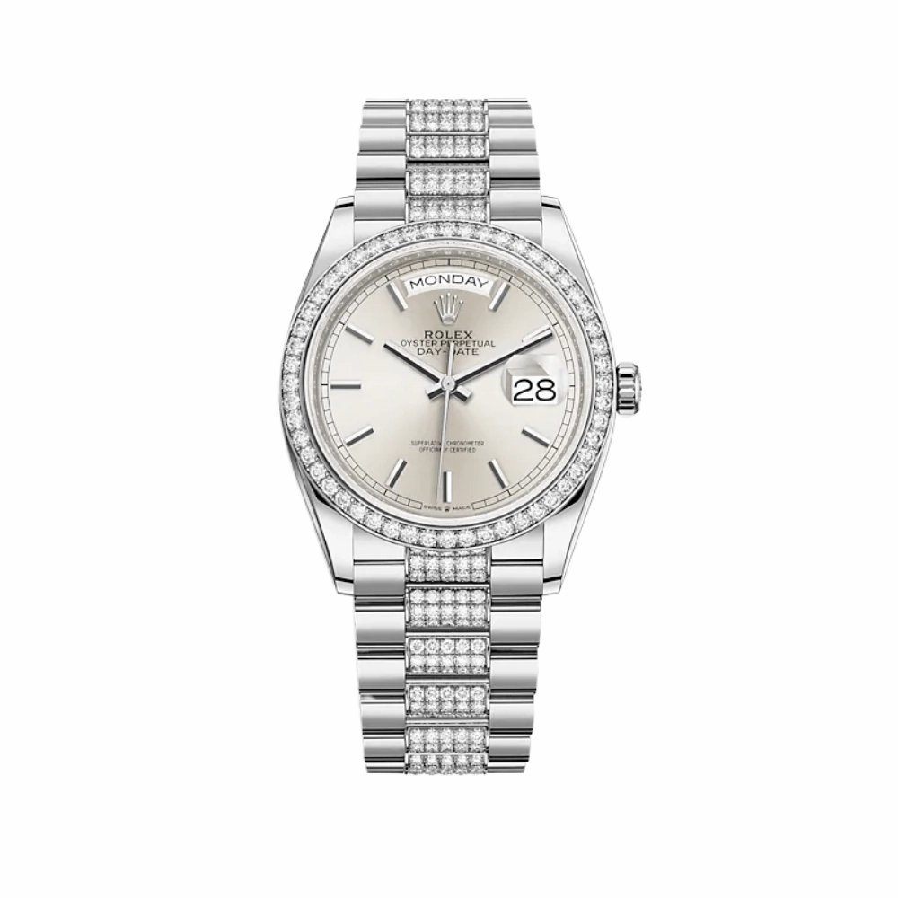 Rolex Day-Date 36 128349RBR White Gold Diamond Bezel Silver Dial