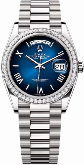 Rolex Day-Date 36 36mm Blue Ombr Dial Diamond-Set Bezel President Bracelet - 128349RBR | 2024 Model