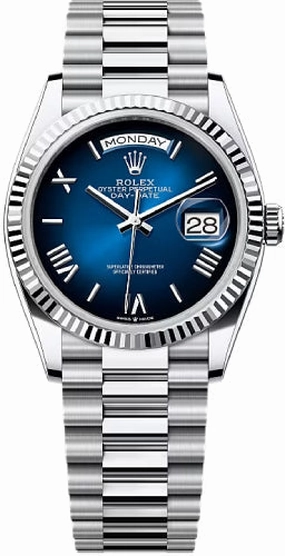Rolex Day-Date 36 36mm Blue Ombr Dial Fluted Bezel President Bracelet - 128236 | 2024 Model