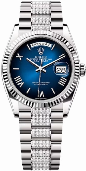 Rolex Day-Date 36 36mm Blue Ombr Dial Fluted Bezel with Diamond-Set President Bracelet - 128239 | 2024 Model