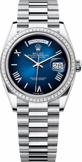Rolex Day-Date 36 36mm Blue Ombr Roman Dial Diamond-Set Bezel President Bracelet - 128396TBR | 2024 Model