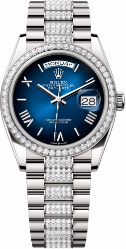 Rolex Day-Date 36 36mm Blue Ombr Roman Dial Diamond-Set Bezel with Diamond-Set President Bracelet - 128349RBR | 2024 Model