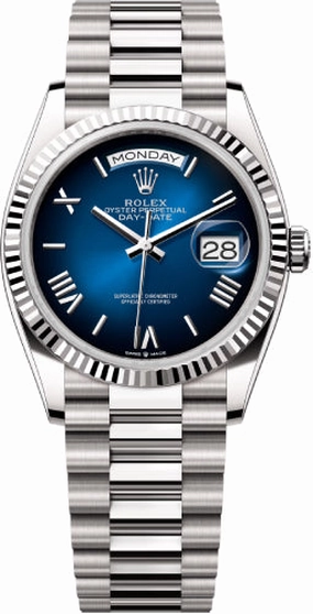 Rolex Day-Date 36 36mm Blue Ombr Roman Dial Fluted Bezel President Bracelet - 128239 | 2024 Model