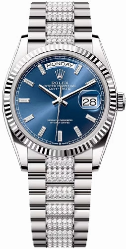 Rolex Day-Date 36 36mm Bright Blue Diamond-Set Dial Fluted Bezel with Diamond-Set President Bracelet - 128239 | 2024 Model
