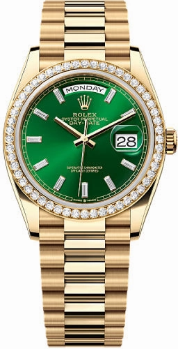 Rolex Day-Date 36 36mm Bright Green Diamond-Set Dial Diamond-Set Bezel President Bracelet - 128348RBR | 2024 Model