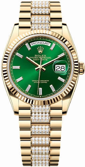 Rolex Day-Date 36 36mm Bright Green Diamond-Set Dial Fluted Bezel with Diamond-Set President Bracelet - 128238 | 2024 Model