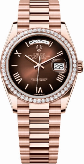Rolex Day-Date 36 36mm Brown Ombr Dial Diamond Bezel President Bracelet - 128345RBR | 2024 Model