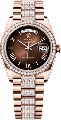 Rolex Day-Date 36 36mm Brown Ombr Dial Diamond-Set Bezel with Diamond-Set President Bracelet - 128345RBR | 2024 Model