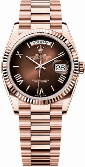Rolex Day-Date 36 36mm Brown Ombr Dial Fluted Bezel President Bracelet - 128235 | 2024 Model