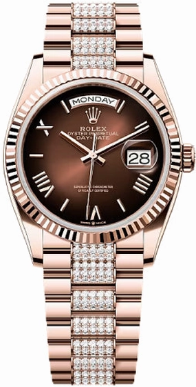Rolex Day-Date 36 36mm Brown Ombr Dial Fluted Bezel President Bracelet - 128235 | 2024 Model