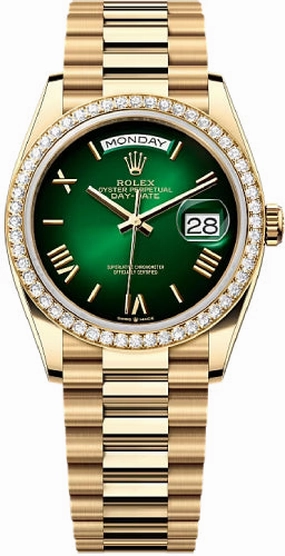 Rolex Day-Date 36 36mm Green Ombr Dial Diamond-Set Bezel President Bracelet - 128348RBR | 2024 Model