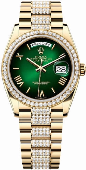 Rolex Day-Date 36 36mm Green Ombr Dial Diamond-Set Bezel with Diamond-Set President Bracelet - 128348RBR | 2024 Model