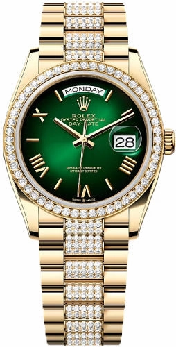 Rolex Day-Date 36 36mm Green Ombr Dial Diamond-Set Bezel with Diamond-Set President Bracelet - 128348RBR | 2024 Model