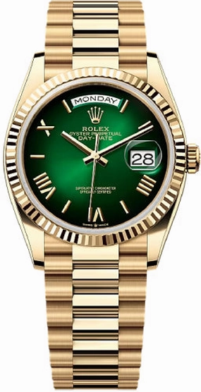 Rolex Day-Date 36 36mm Green Ombr Dial Fluted Bezel President Bracelet - 128238 | 2024 Model