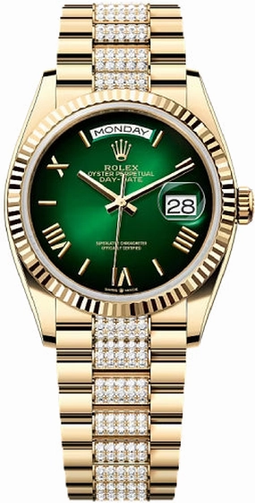 Rolex Day-Date 36 36mm Green Ombr Dial Fluted Bezel with Diamond-Set President Bracelet - 128238 | 2024 Model