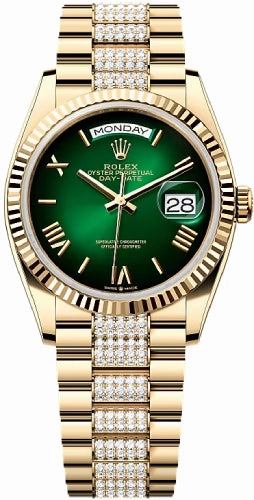 Rolex Day-Date 36 36mm Green Ombr Dial Fluted Bezel with Diamond-Set President Bracelet - 128238 | 2024 Model