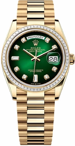 Rolex Day-Date 36 36mm Green Ombr Diamond Dial Diamond-Set Bezel President Bracelet - 128398TBR | 2024 Model