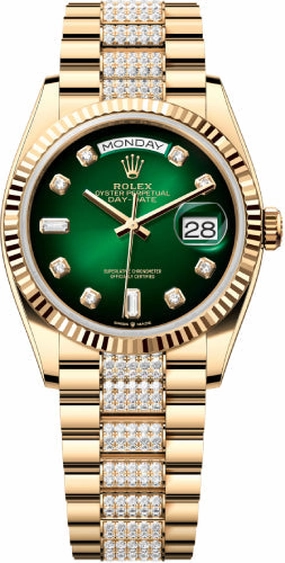 Rolex Day-Date 36 36mm Green Ombr Diamond-Set Dial Fluted Bezel with Diamond-Set President Bracelet - 128238 | 2024 Model