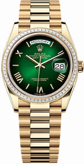Rolex Day-Date 36 36mm Green Ombr Roman Dial Diamond-Set Bezel President Bracelet - 128398TBR | 2024 Model