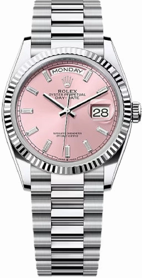 Rolex Day-Date 36 36mm Pink Diamond-Set Dial Fluted Bezel President Bracelet - 128236 | 2024 Model