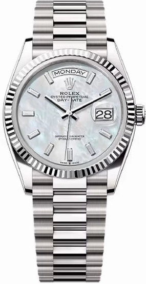 Rolex Day-Date 36 36mm White MOP Diamond-Set Dial Fluted Bezel President Bracelet - 128239 | 2024 Model