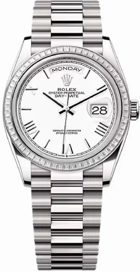 Rolex Day-Date 36 36mm White Roman Dial Diamond-Set Bezel President Bracelet - 128399TBR | 2024 Model