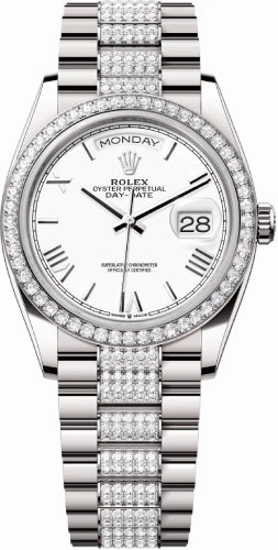 Rolex Day-Date 36 36mm White Roman Dial Diamond-Set Bezel with Diamond-Set President Bracelet - 128349RBR | 2024 Model