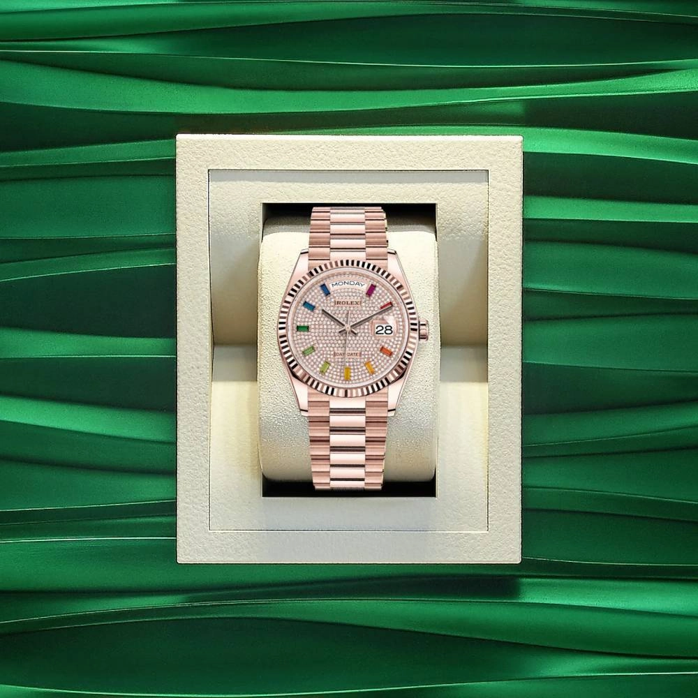 Rolex Day Date 36mm - Ref: 128235-0039 - Pave Rainbow Diamond Dial & Fluted Bezel, 18K Rose Gold President Bracelet Watch