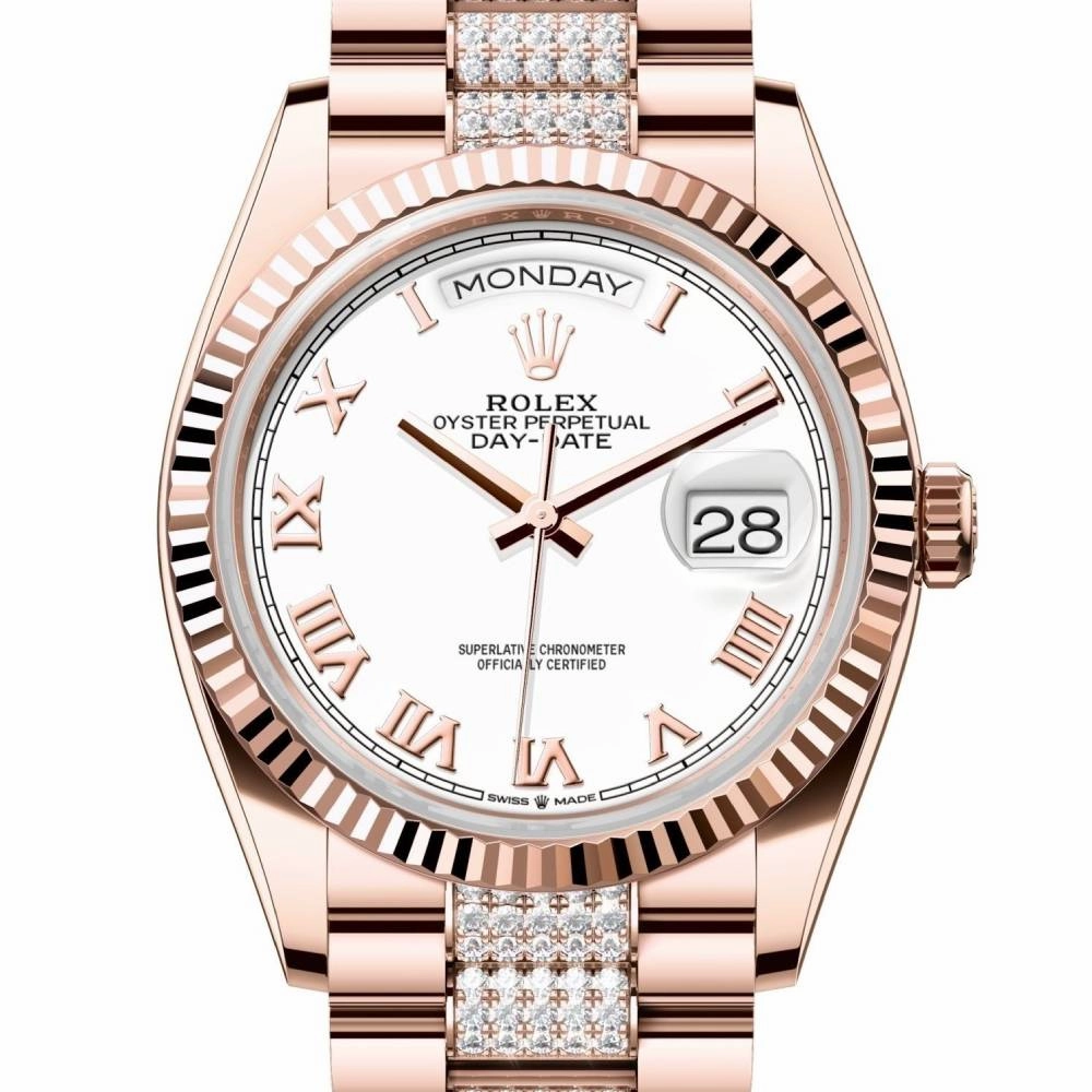 Rolex Day Date 36mm - Ref: 128235-0053 - White Roman Dial 18K Rose Gold & Diamonds President Bracelet Watch