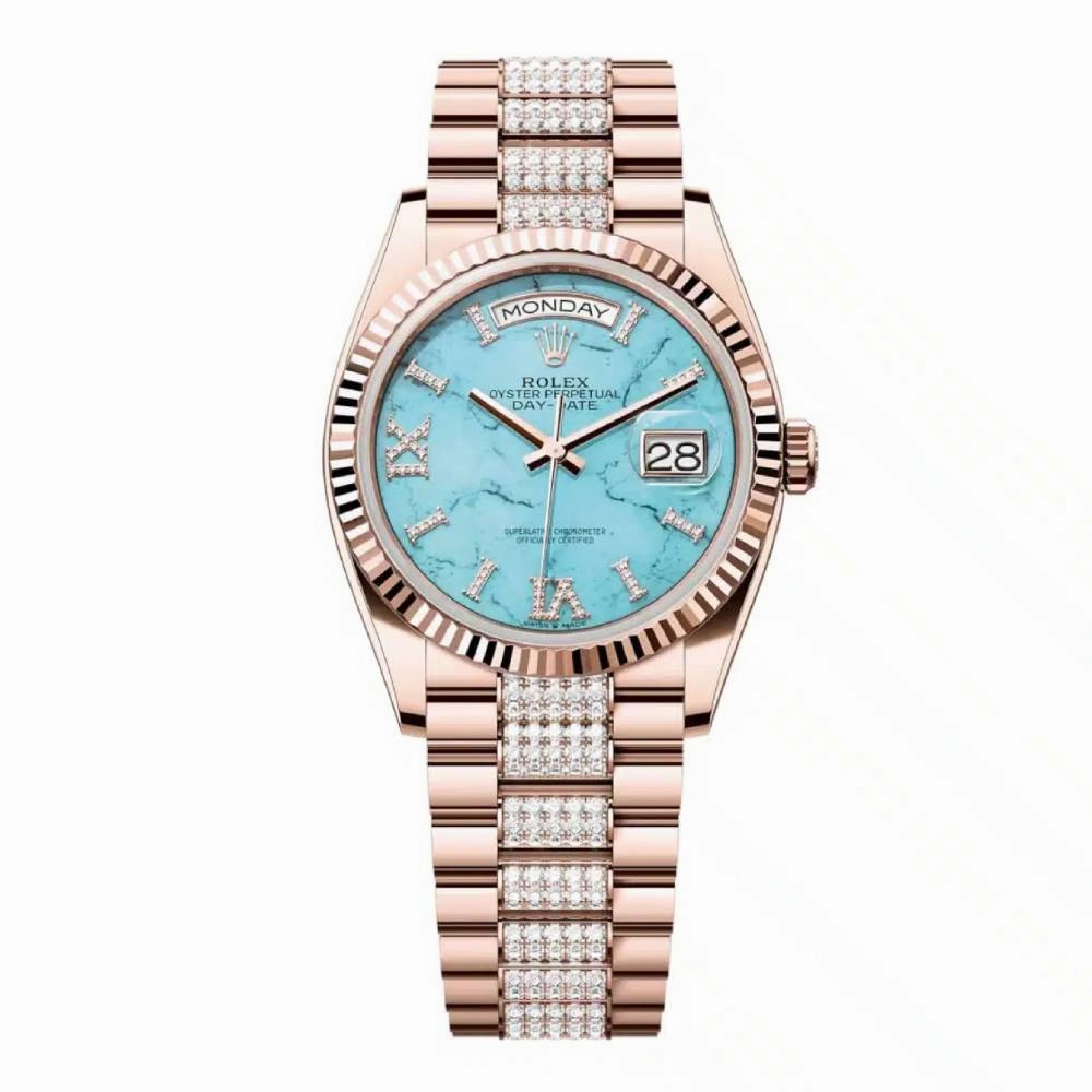 Rolex Day Date 36mm - Ref: 128235 - Tiffany Blue Turquoise Diamond Dial & Fluted Bezel, 18K Rose Gold & Diamonds President Bracelet Watch