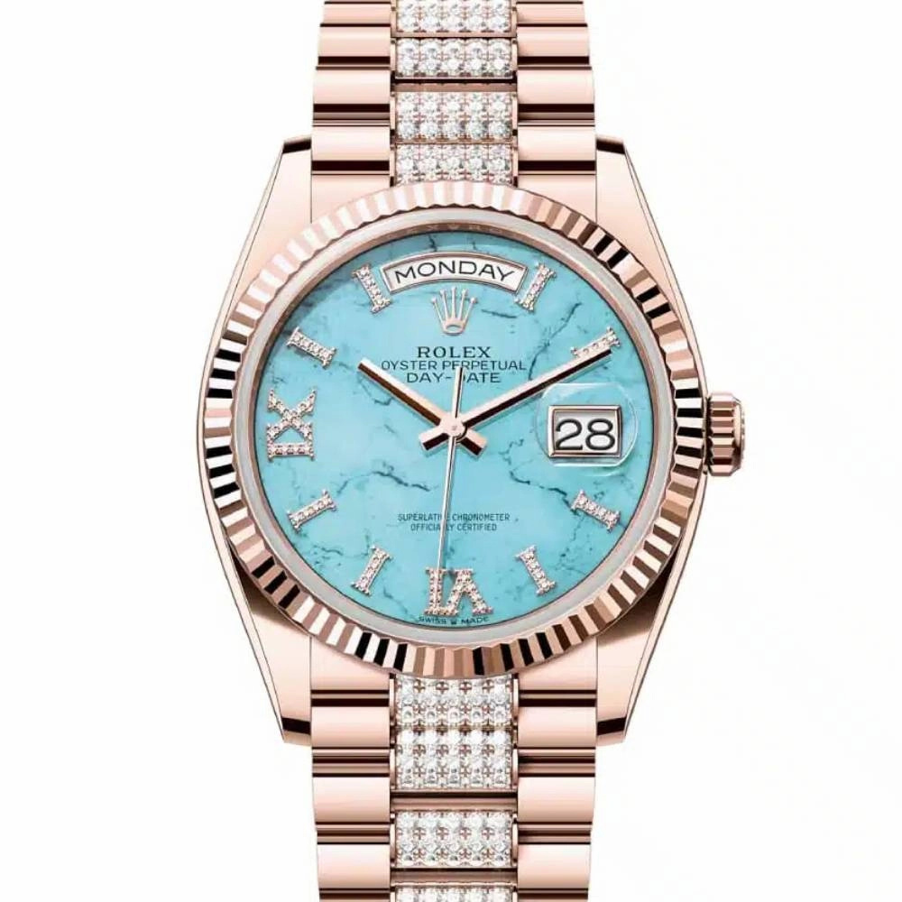 Rolex Day Date 36mm - Ref: 128235 - Tiffany Blue Turquoise Diamond Dial & Fluted Bezel, 18K Rose Gold & Diamonds President Bracelet Watch