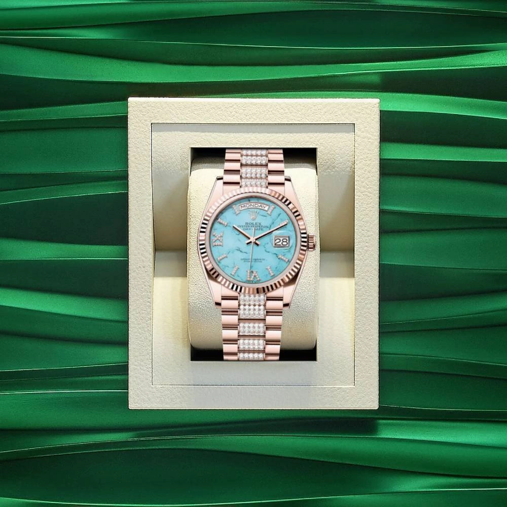 Rolex Day Date 36mm - Ref: 128235 - Tiffany Blue Turquoise Diamond Dial & Fluted Bezel, 18K Rose Gold & Diamonds President Bracelet Watch