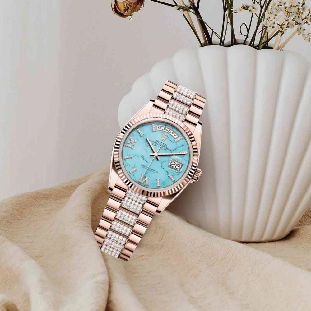 Rolex Day Date 36mm - Ref: 128235 - Tiffany Blue Turquoise Diamond Dial & Fluted Bezel, 18K Rose Gold & Diamonds President Bracelet Watch