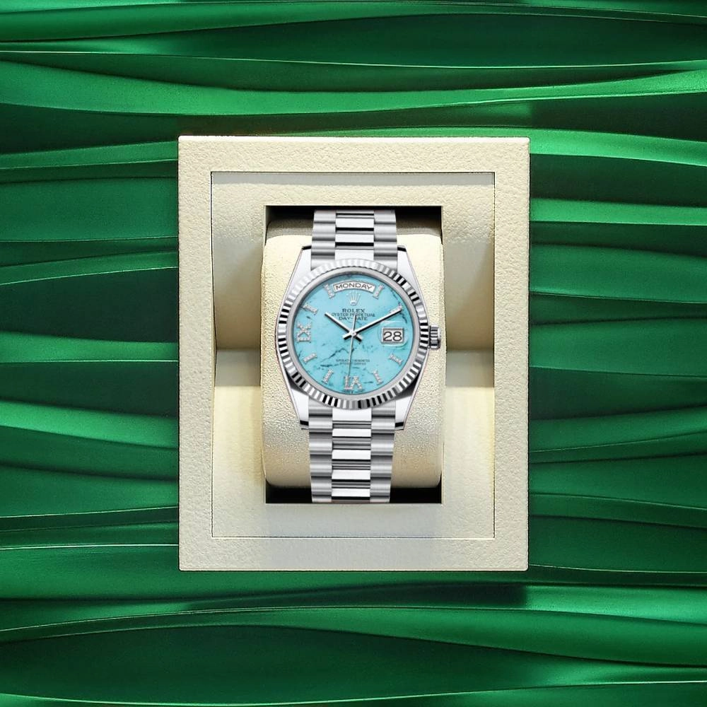 Rolex Day Date 36mm - Ref: 128236 - Tiffany Blue Turquoise Dial & Fluted Bezel, 18K White Gold President Bracelet Watch
