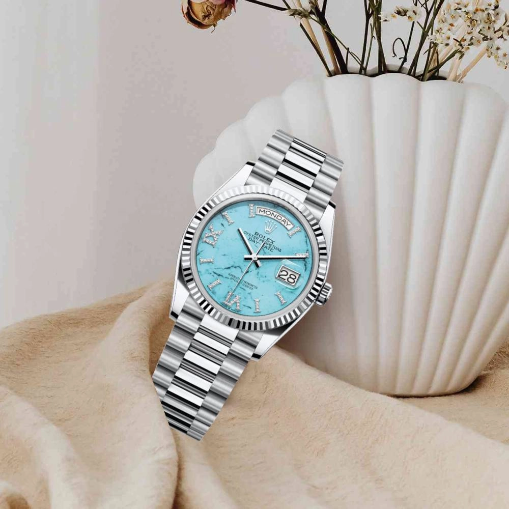 Rolex Day Date 36mm - Ref: 128236 - Tiffany Blue Turquoise Dial & Fluted Bezel, 18K White Gold President Bracelet Watch
