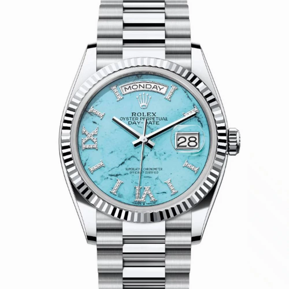 Rolex Day Date 36mm - Ref: 128236 - Tiffany Blue Turquoise Dial & Fluted Bezel, 18K White Gold President Bracelet Watch