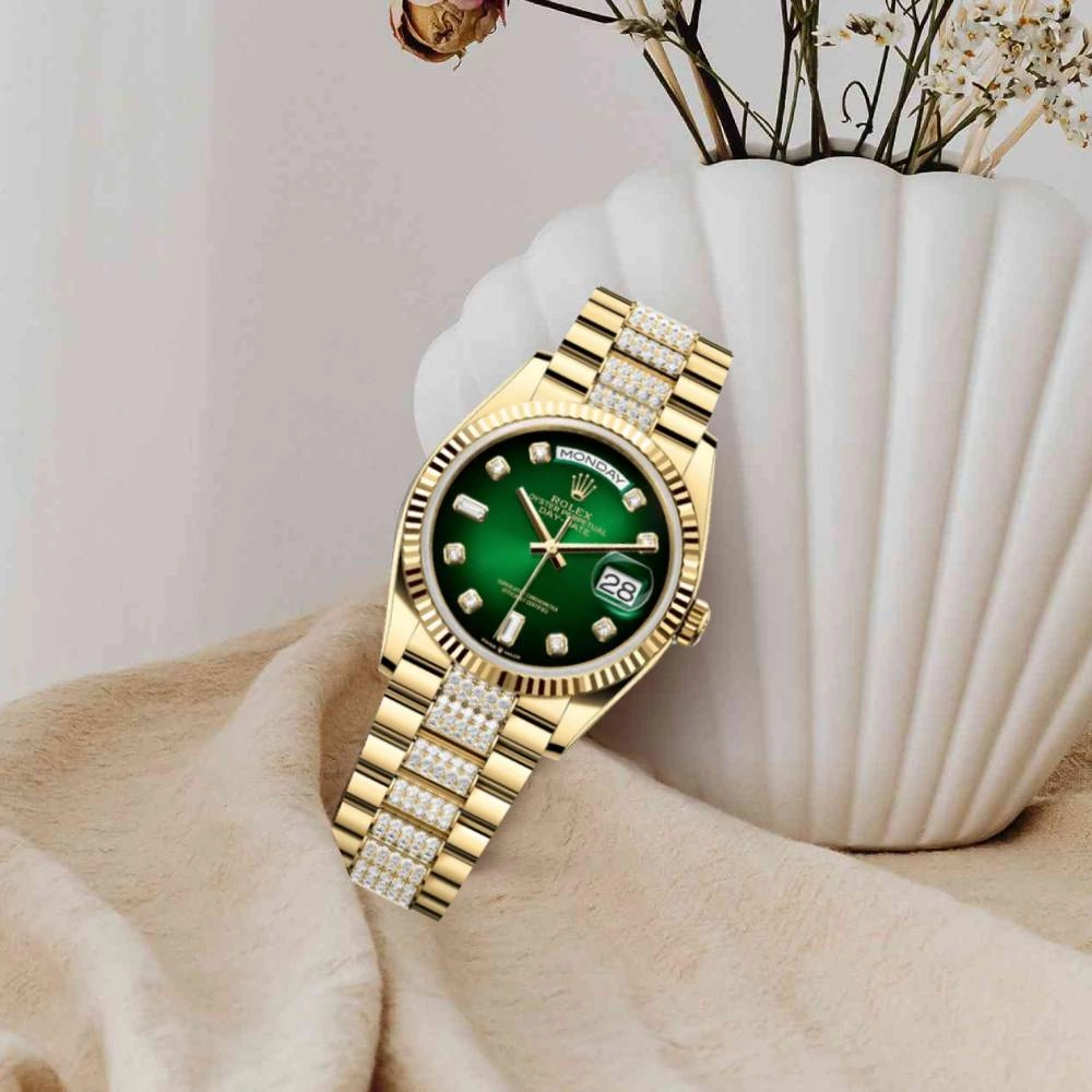 Rolex Day Date 36mm - Ref: 128238-0070 - Green Ombre Diamond Dial & Fluted Bezel, 18K Yellow Gold & Diamonds President Bracelet Watch