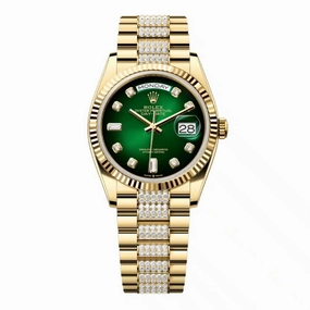 Rolex Day Date 36mm - Ref: 128238-0070 - Green Ombre Diamond Dial & Fluted Bezel, 18K Yellow Gold & Diamonds President Bracelet Watch