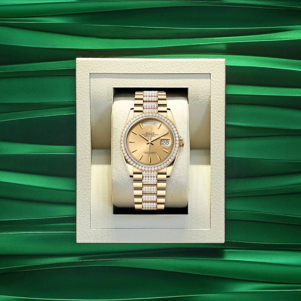 Rolex Day Date 36mm - Ref: 128348rbr-0027 - Champagne Stick Dial & Diamond Bezel, 18K Yellow Gold & Diamonds President Bracelet Watch